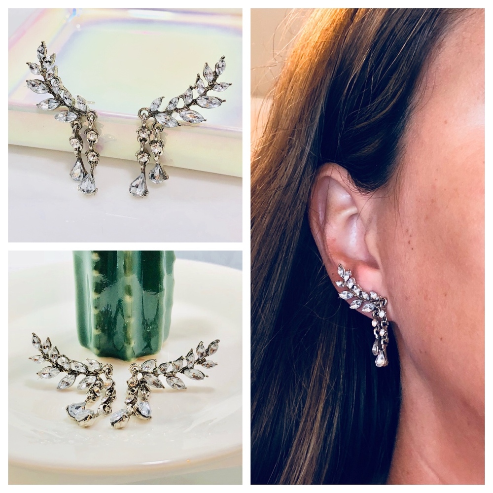 Womens Crystal Climber Leaf Earrings stud Silver